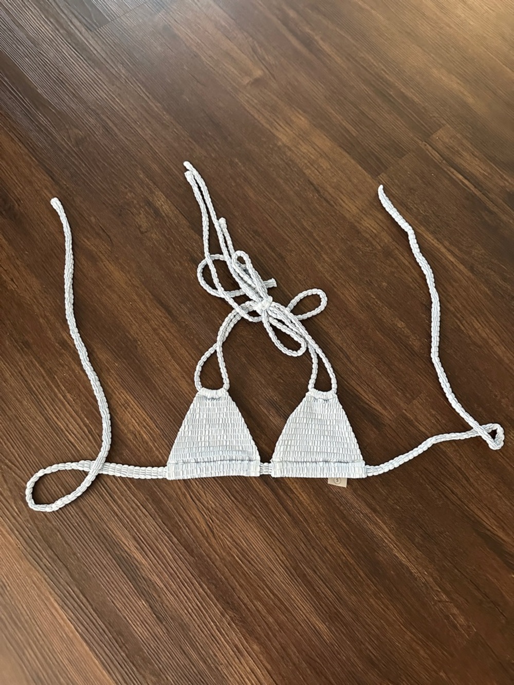 Montce White Smocked Triangle Swim Bikini Top with Braided Ties